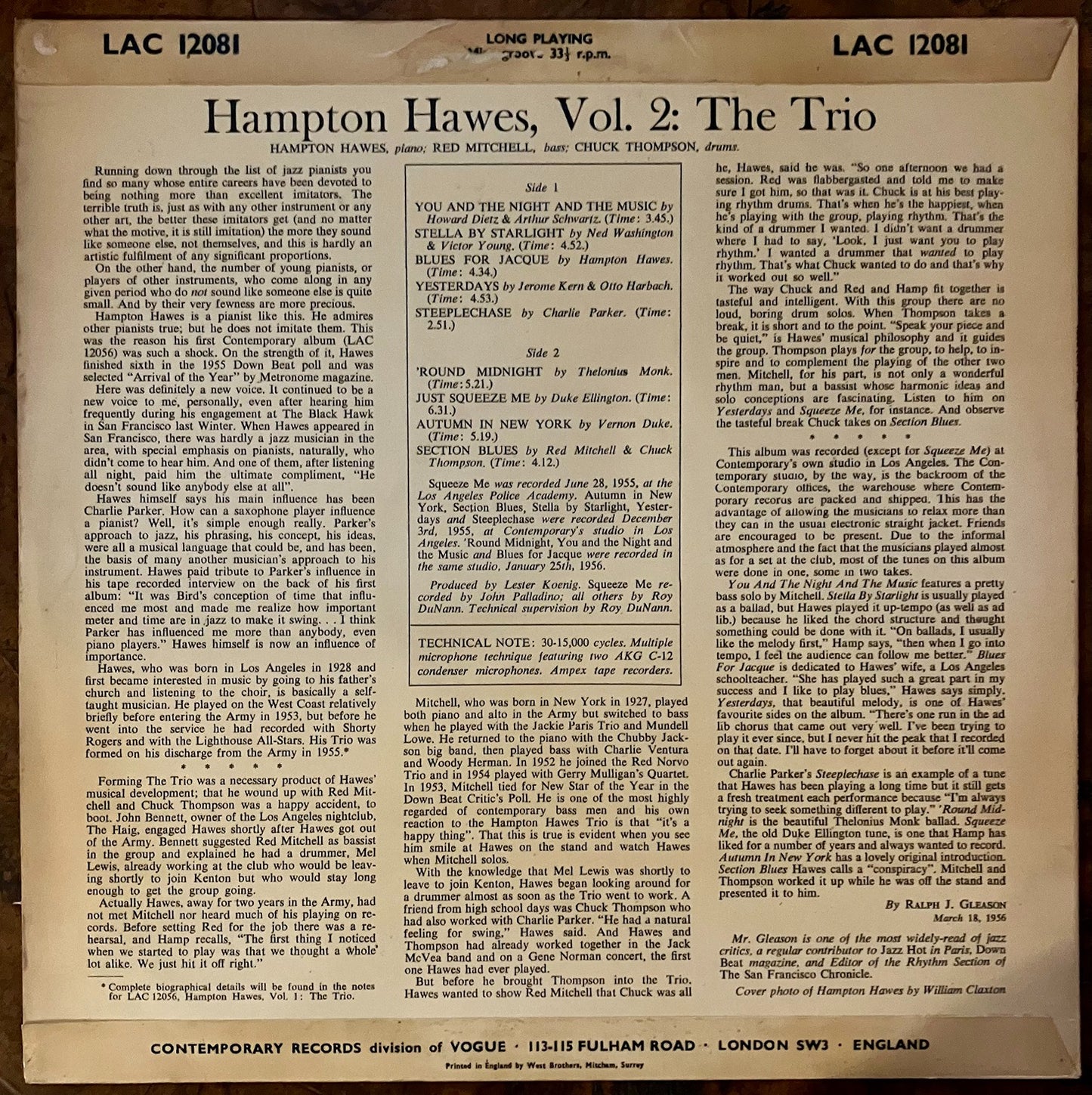 This is Hampton Hawes Vol. 2 LP Contemporary UK Vogue press