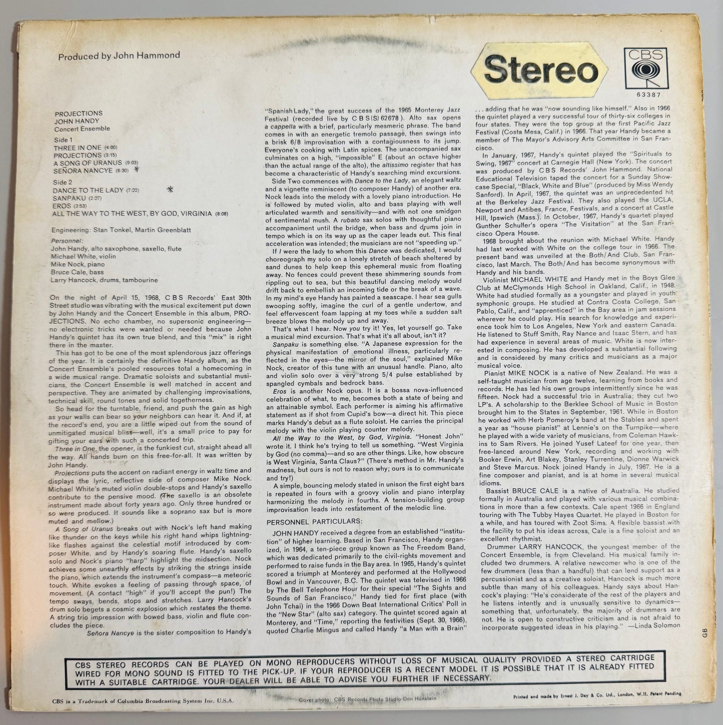 John Handy Concert Ensemble Projections LP CBS Stereo VG/EX