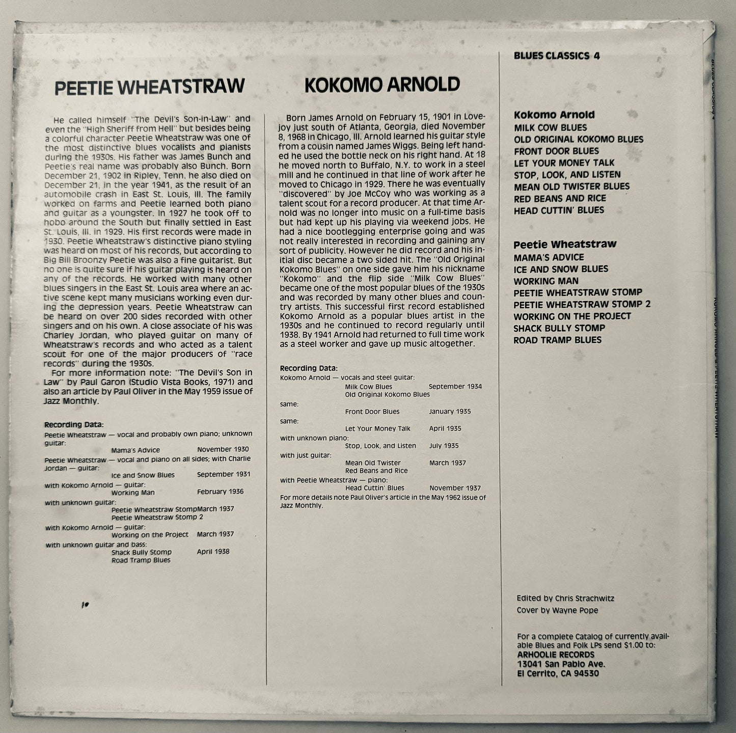 Kokomo Arnold, Peatie Wheatstraw - Blues Classics Vol. 4 (Arhoolie Vinyl LP) - VG+/EX