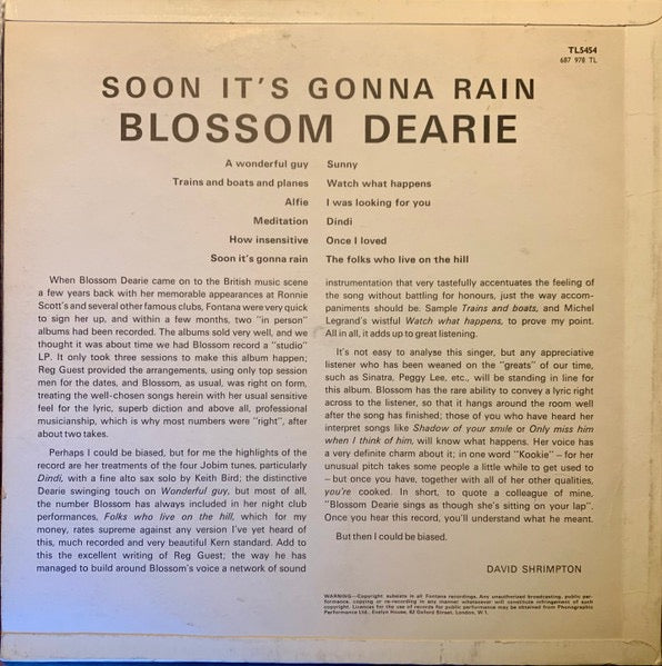 Blossom Dearie – Soon It's Gonna Rain (Vinyl LP, Fontana, 1967 Mono) – EX / EX