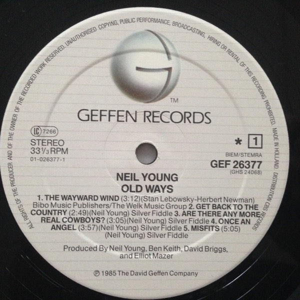 Neil Young Old Ways LP Geffen 1985 vinyl NEAR MINT