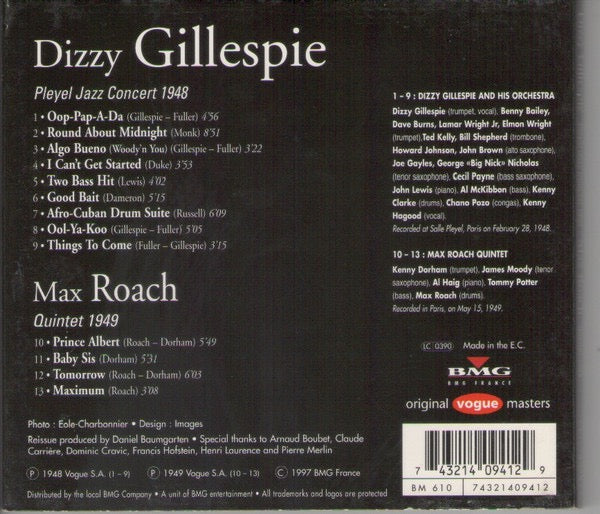 Dizzy Gillespie – Pleyel Jazz Concert 1948 / Max Roach Quintet 1949 (CD, Original Vogue Masters, BMG, 1997) – Mint / Sealed