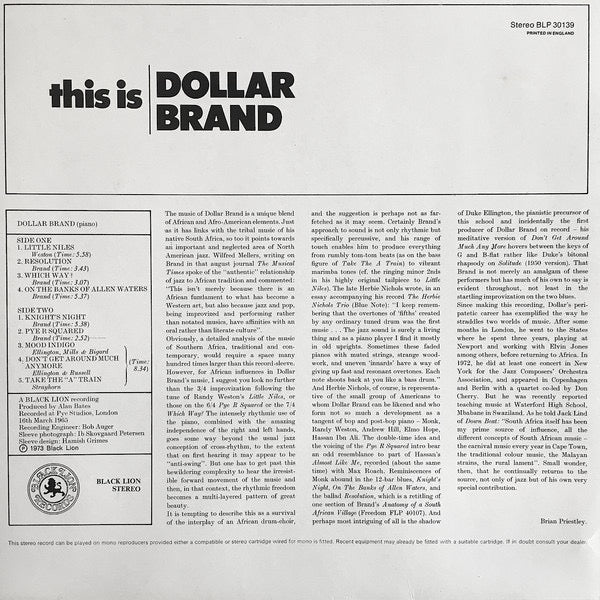 Dollar Brand – This Is Dollar Brand: American Jazz Classics (Vinyl LP, Black Lion Records, Reissue) – EX / EX