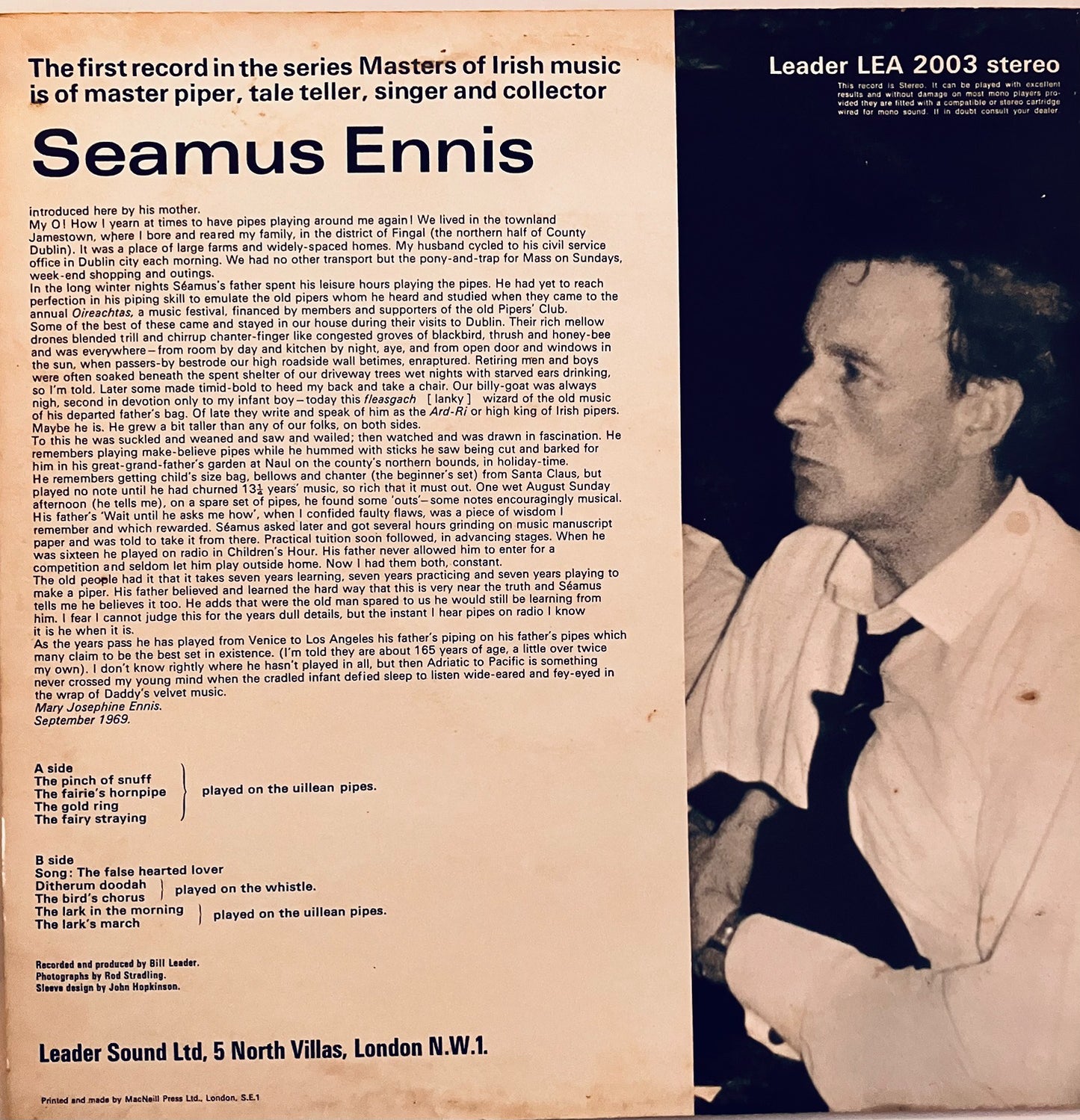 Seamus Ennis Masters of Irish Music LP Leader EX/EX