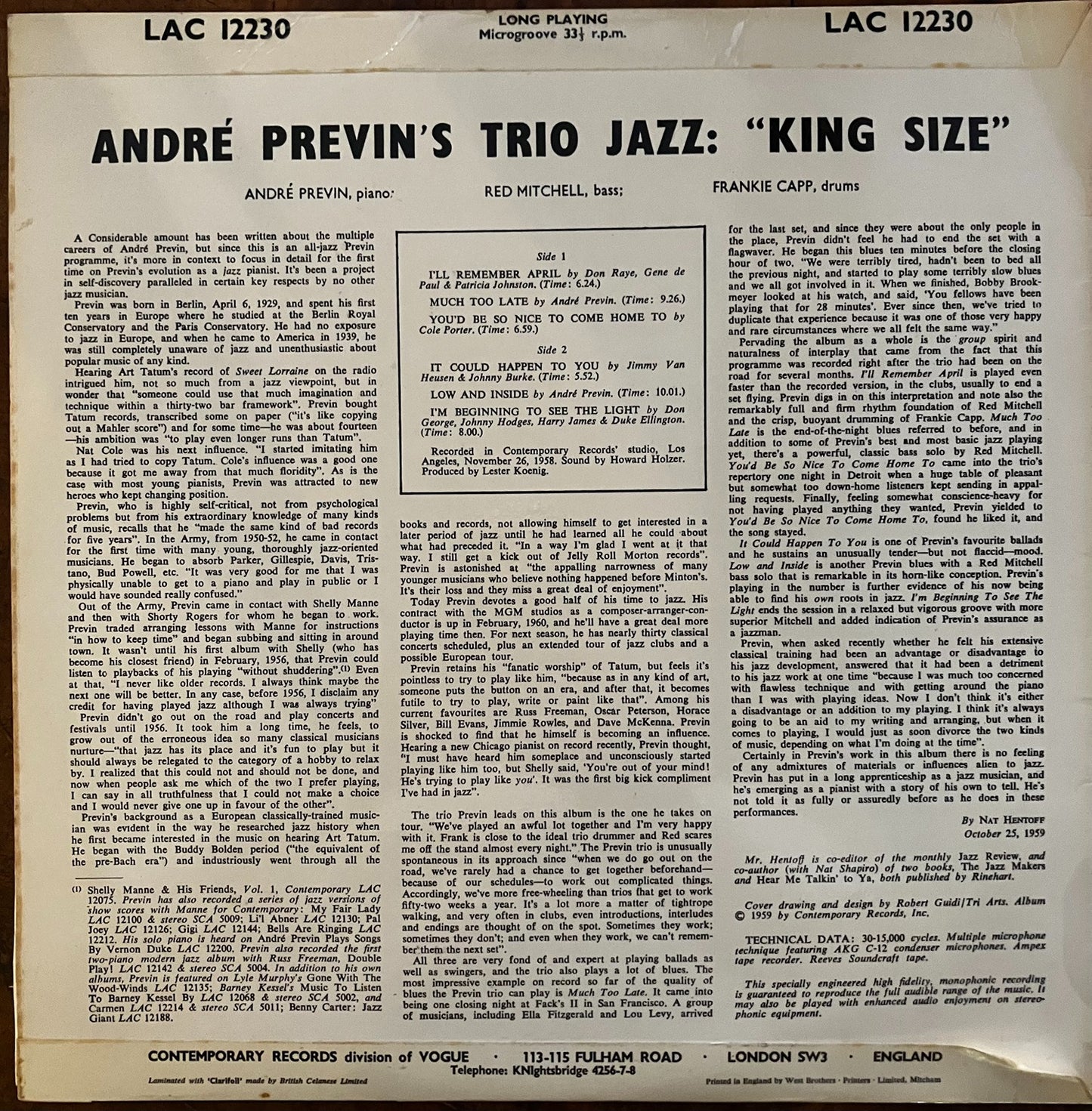 Andre Previn Trio King Size LP Contemporary EX/EX