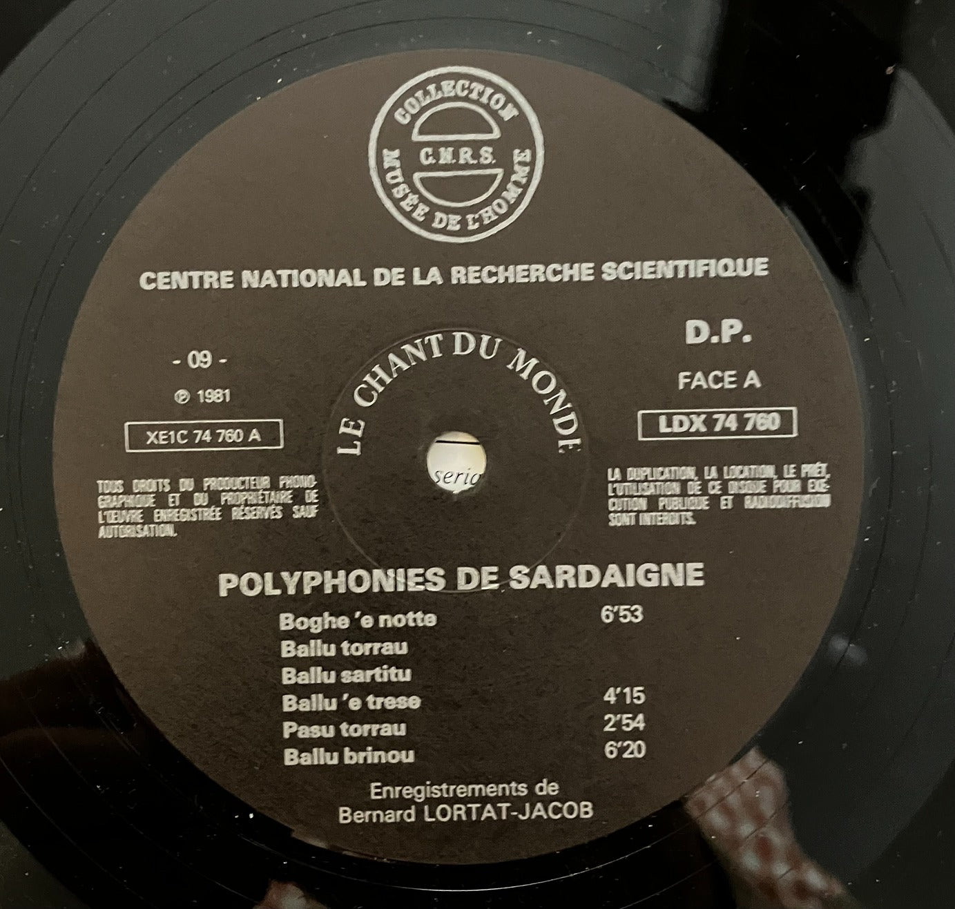 Polyphonies de Sardaigne LP Le Chant du Monde EX/EX