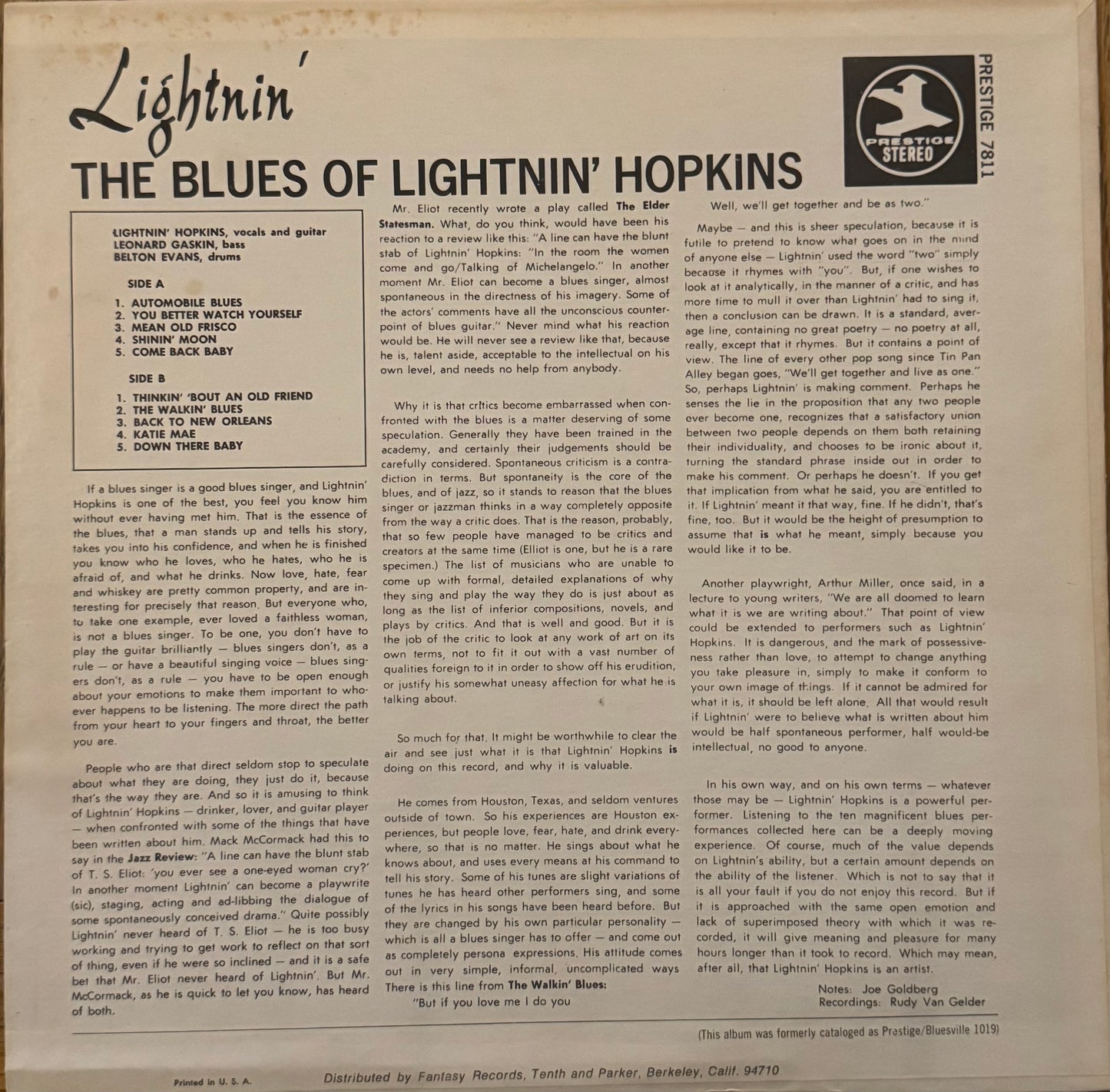 Lightnin’ Hopkins – The Blues of Lightnin’ Hopkins (Vinyl LP, Prestige Bluesville, 1960) – VG/ EX