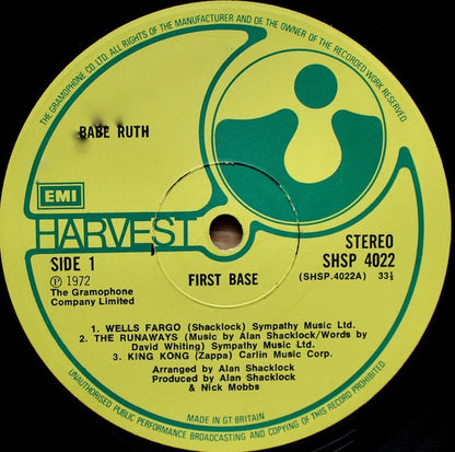 Babe Ruth – First Base (Vinyl LP, EMI Records, 1972) – EX / EX