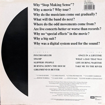 Talking Heads – Stop Making Sense (Vinyl LP, EMI Records, 1984) – EX / EX