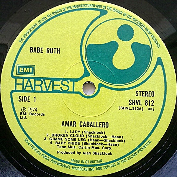 Babe Ruth – Amar Caballero (Vinyl LP, Harvest Records / EMI Records, 1974) – EX / NM