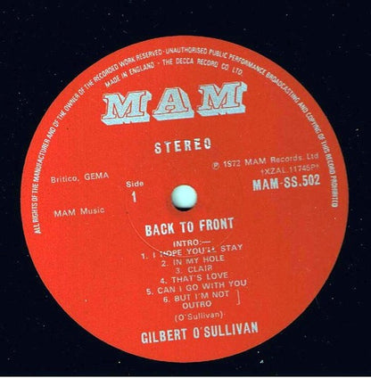 Gilbert O'Sullivan - Back To Front (Vinyl LP, MAM 1972) - Ex / Ex