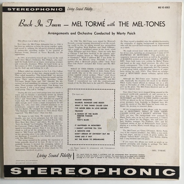 Mel Tormé with The Mel-Tones – Back in Town (Vinyl LP, Verve Records) – Near Mint