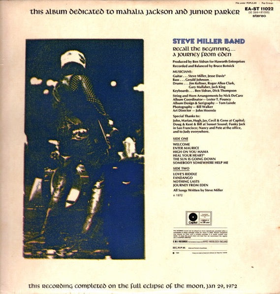Steve Miller Band – Recall the Beginning…A Journey from Eden (Vinyl LP, Capitol Records, 1972) – EX / EX