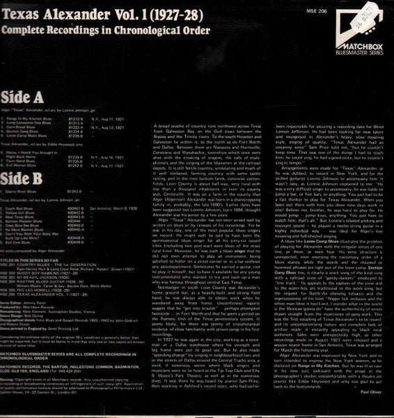 Texas Alexander - Volume 1 (Vinyl LP, Bluesmaster, 1982) - Near Mint
