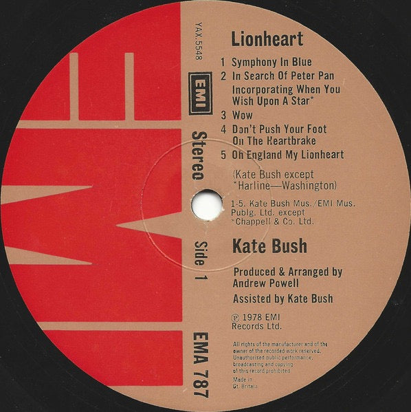 Kate Bush – Lionheart (Vinyl LP, EMI Records Ltd., 1978) – EX / EX