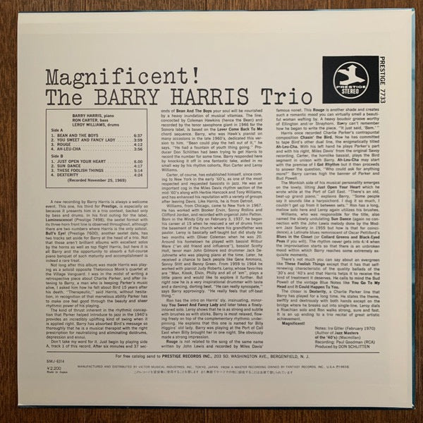 The Barry Harris Trio – Magnificent! (Vinyl LP, Prestige Records, 1983) – EX / EX