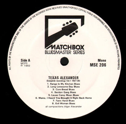 Texas Alexander – Vol. 1 (1927–28) Complete Recordings in Chronological Order (Vinyl LP, Matchbox Bluesmaster Series, 1982) – EX / EX