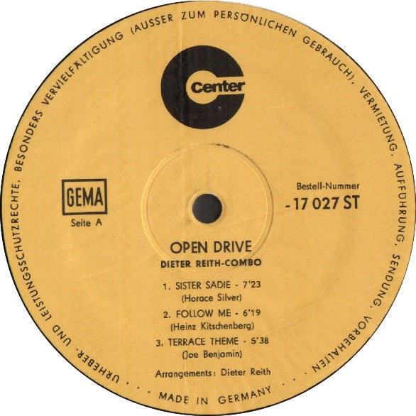 Dieter Reith – Open Drive (Vinyl LP, Center Records, 1968) – EX / EX