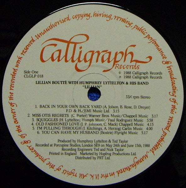 Lillian Boutté, Humphrey Lyttelton and His Band – Lillian (Vinyl LP, Calligraph Records, 1988) – EX / EX
