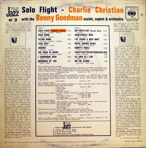 Charlie Christian – Solo Flight: With The Benny Goodman Sextet, Septet and Orchestra Vol. II (Vinyl LP, CBS, 1969, Mono) – VG / EX