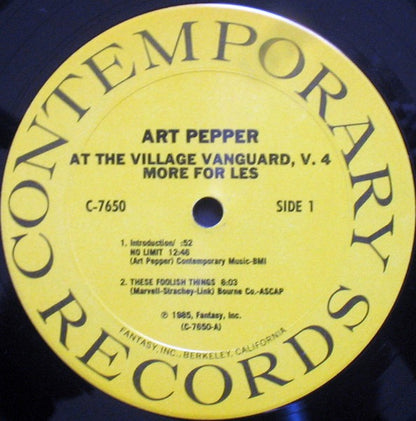 Art Pepper - More for Les , At the Village Vanguard vol. 4 (Vinyl LP, Galaxy, 1985) - EX / EX