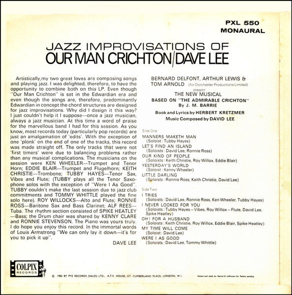 Dave Lee – Jazz Improvisations of Our Man Crichton (Vinyl LP, Colpix Records, UK, 1964) – VG / EX