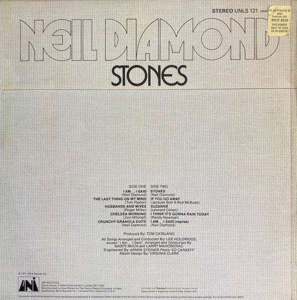 Neil Diamond - Stones (Vinyl LP, Uni 1971) - Ex / Ex