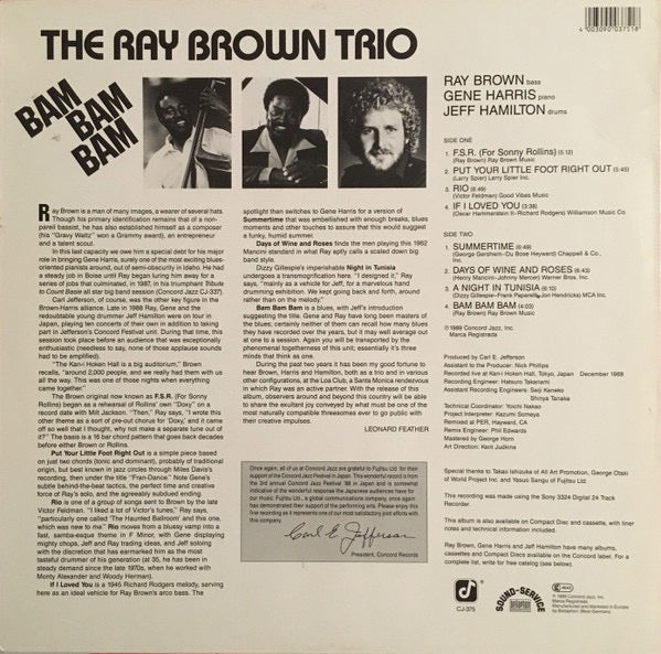 The Ray Brown Trio – Bam Bam Bam (Vinyl LP, Concord Jazz, 1989) – EX / EX