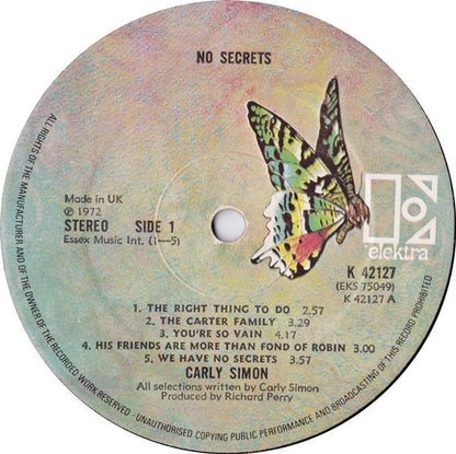 Carly Simon – No Secrets (Vinyl LP, Elektra, 1972) – EX / EX