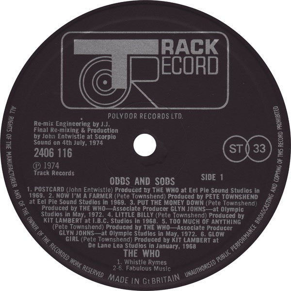 The Who – Odds and Sods (Vinyl LP, Track Records, 1980 Reissue) – EX / EX