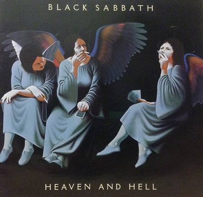 Album cover for Black Sabbath's 'Heaven and Hell' featuring three angelic figures smoking.