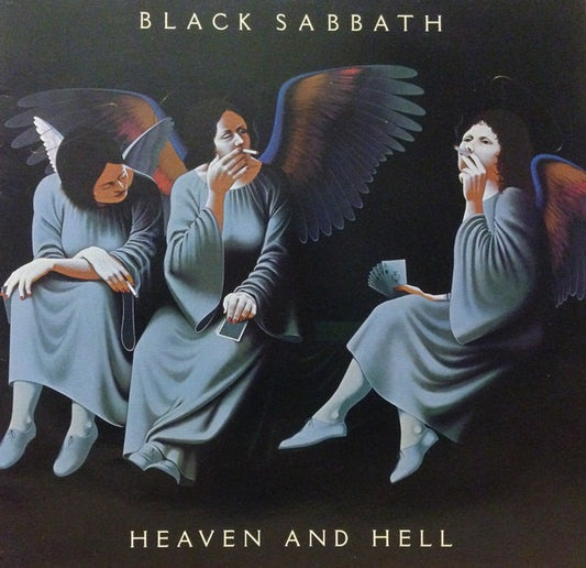 Album cover for Black Sabbath's 'Heaven and Hell' featuring three angelic figures smoking.