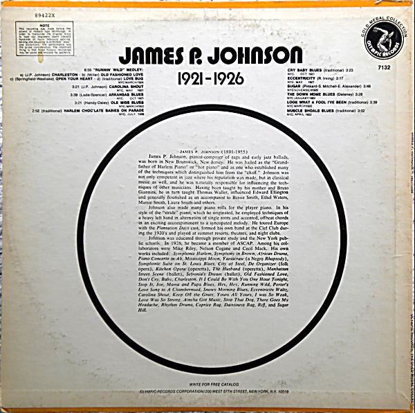 James P. Johnson – 1921–26 (Vinyl LP, Olympic Records, 1974) – EX / EX