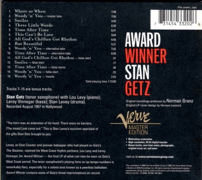 Stan Getz – Award Winner (CD, Verve Master Edition, 2000) – Mint / Sealed