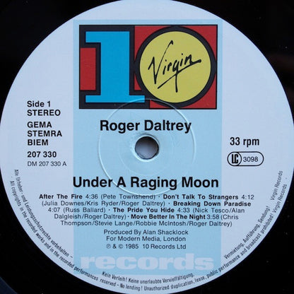 Roger Daltrey – Under a Raging Moon (Vinyl LP, Virgin Records, 1985) – EX / EX