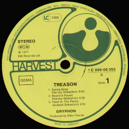 Gryphon – Treason (Vinyl LP, Harvest Records, 1977) – EX / EX