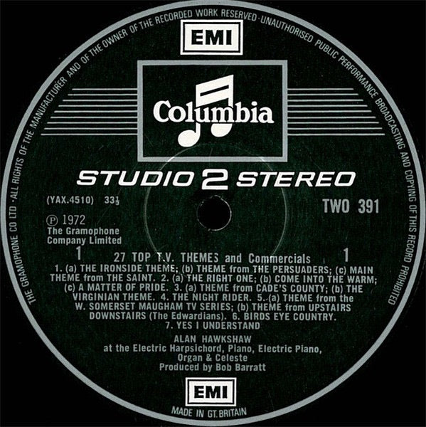 Alan Hawkshaw - 27 Top TV Themes and Commercials (Vinyl LP, Studio 2 Stereo, EMI, 1972) - Ex / Ex