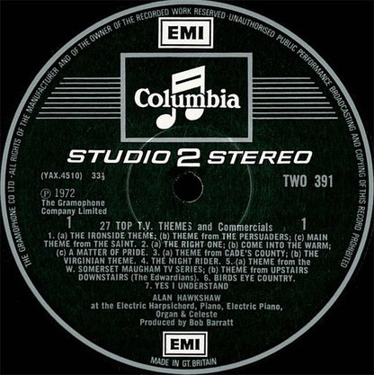 Alan Hawkshaw - 27 Top TV Themes and Commercials (Vinyl LP, Studio 2 Stereo, EMI, 1972) - Ex / Ex