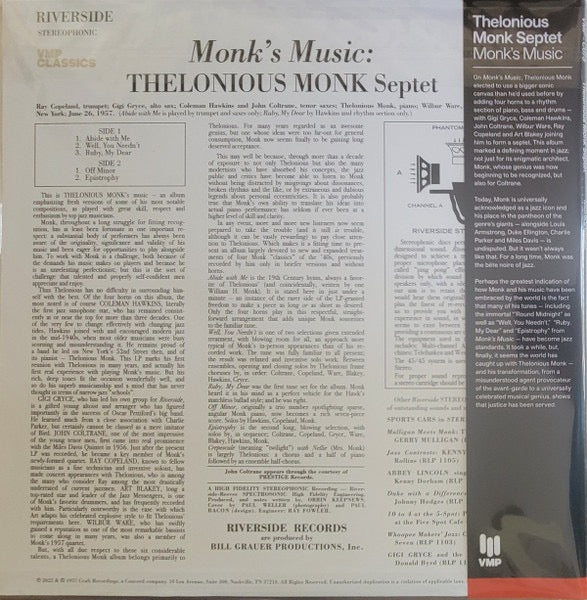 Thelonious Monk Septet – Monk's Music (Vinyl LP, Riverside Records / Craft Recordings, 2024 Original Jazz Classics Reissue) – Mint / Sealed