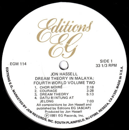 Jon Hassell – Dream Theory in Malaya: Fourth World Volume Two (Vinyl LP, E.G. Records, 1981) – EX / EX