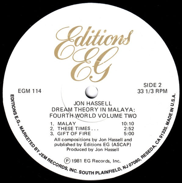 Jon Hassell – Dream Theory in Malaya: Fourth World Volume Two (Vinyl LP, E.G. Records, 1981) – EX / EX
