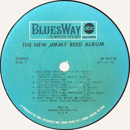 Record label for 'The New Jimmy Reed Album' by ABC Records with tracklist on a blue background.
